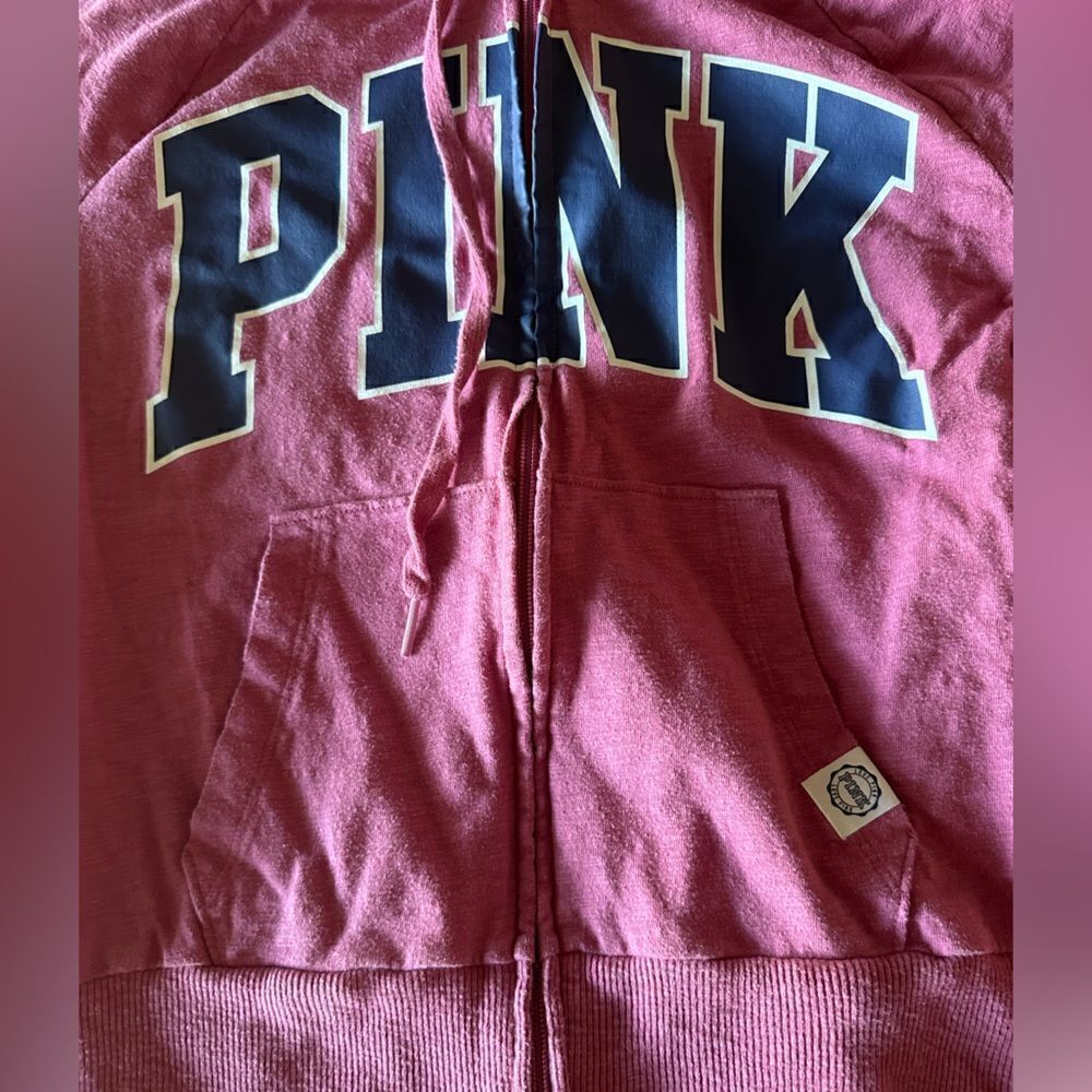 PINK by Victoria Secret light weight logo zip up hoodie with front pocket pink M - Picture 3 of 5